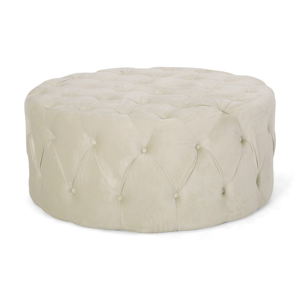 Vivan Ottoman Tufted Beige Velvet Soft Cushions Round 40 Inch Top