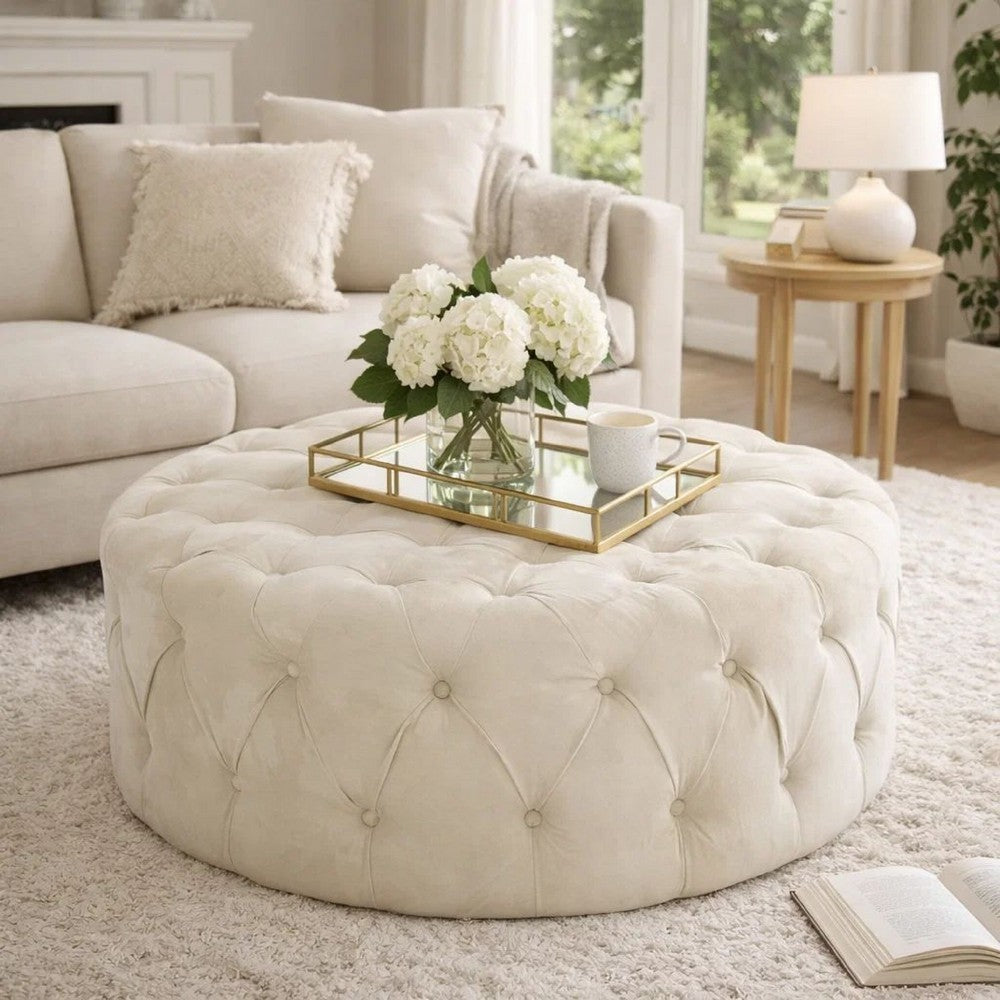 Vivan Ottoman, Tufted Beige Velvet, Soft Cushions, Round 40 Inch Top