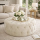 Vivan Ottoman, Tufted Beige Velvet, Soft Cushions, Round 40 Inch Top