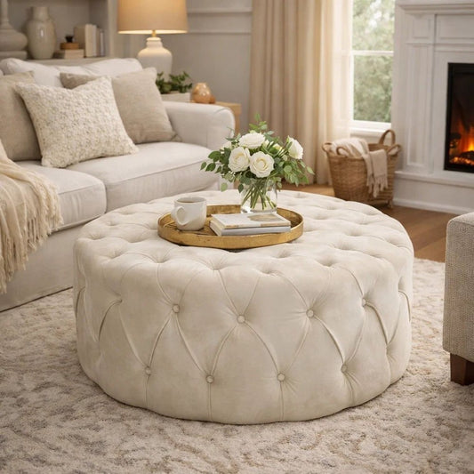 Vivan Ottoman, Tufted Beige Velvet, Soft Cushions, Round 40 Inch Top