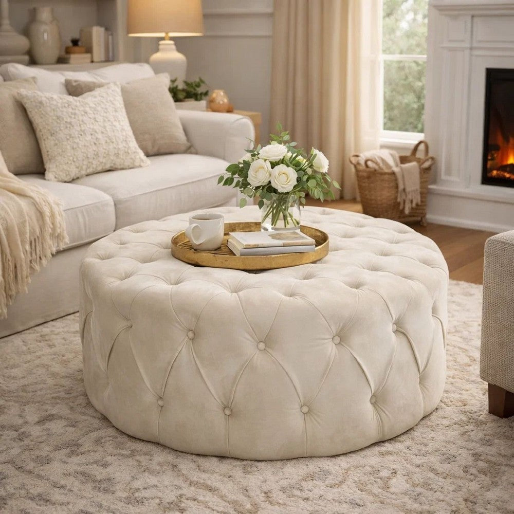 Vivan Ottoman, Tufted Beige Velvet, Soft Cushions, Round 40 Inch Top