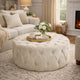 Vivan Ottoman, Tufted Beige Velvet, Soft Cushions, Round 40 Inch Top