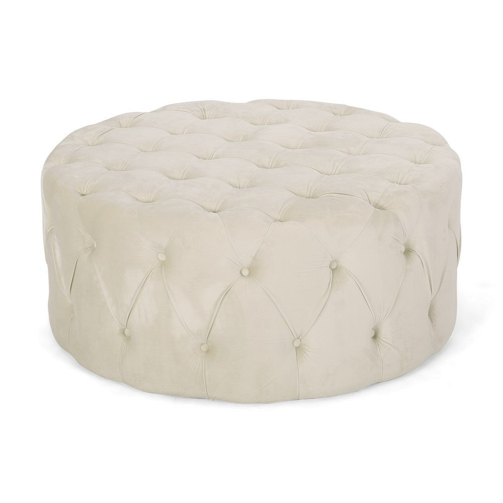Vivan Ottoman, Tufted Beige Velvet, Soft Cushions, Round 40 Inch Top