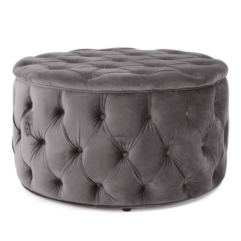 Keja Ottoman | Tufted Dark Gray Velvet | Soft Cushion | Round 30 Inch