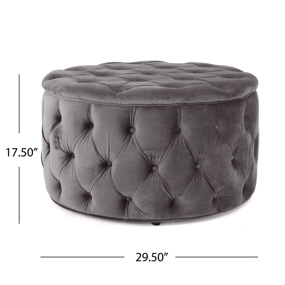 Keja Ottoman | Tufted Dark Gray Velvet | Soft Cushion | Round 30 Inch