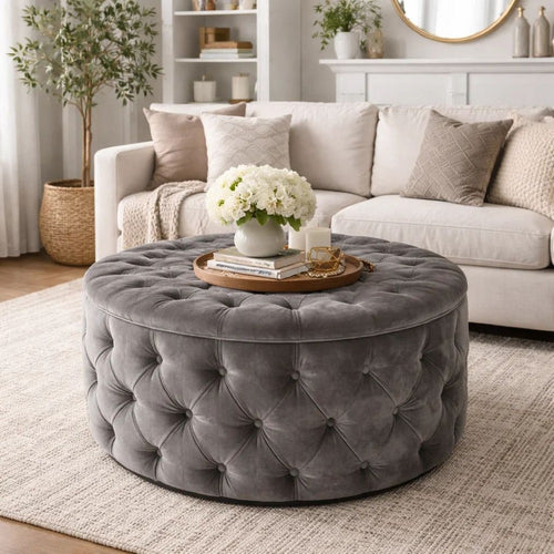 Keja Ottoman, Tufted Dark Gray Velvet, Soft Cushioning, Round 30 Inch