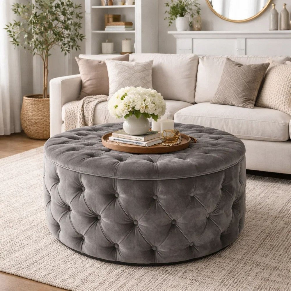Keja Ottoman | Tufted Dark Gray Velvet | Soft Cushion | Round 30 Inch