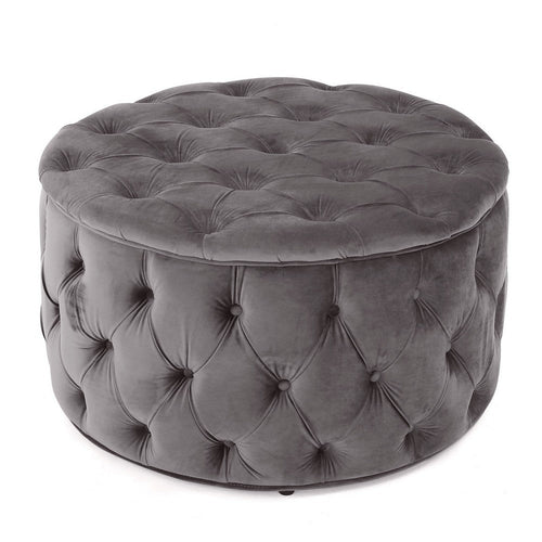Keja Ottoman, Tufted Dark Gray Velvet, Soft Cushioning, Round 30 Inch