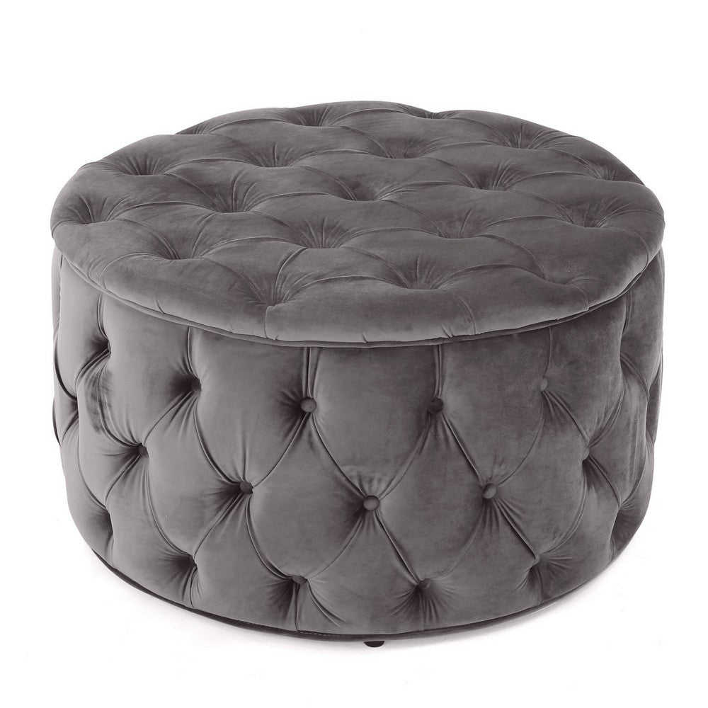 Keja Ottoman, Tufted Dark Gray Velvet, Soft Cushioning, Round 30 Inch