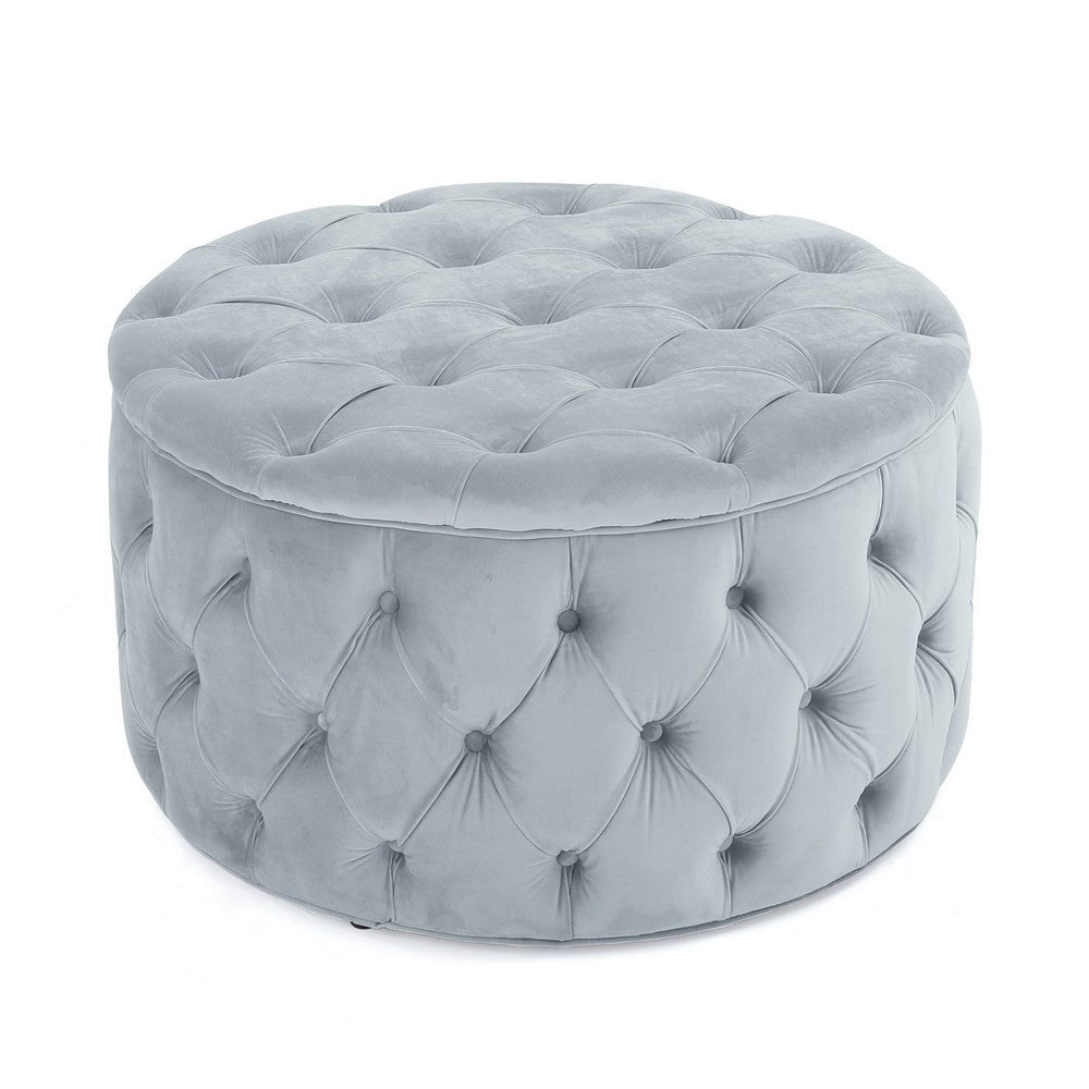 Keja Ottoman, Tufted Light Gray Velvet, Soft Cushioning, Round 30 Inch