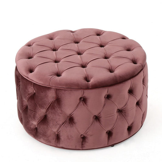 Keja Ottoman, Tufted Blush Pink Velvet, Soft Cushioning, Round 30 Inch