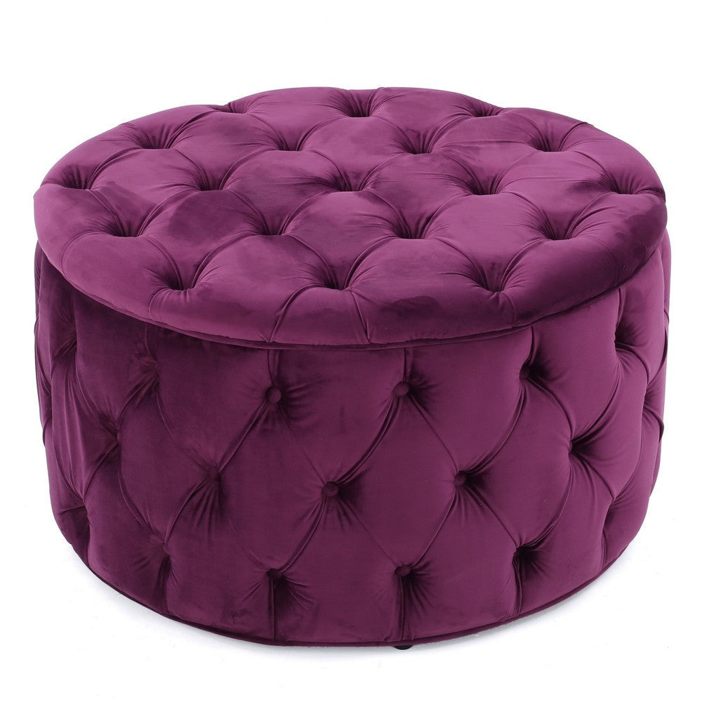 Keja Ottoman, Tufted Fuchsia Pink Velvet, Soft Cushion, Round 30 Inch