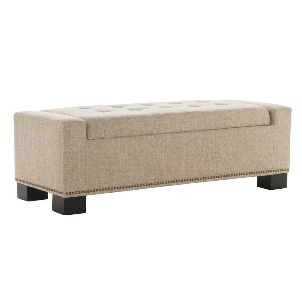 Abigail Storage Ottoman Bench | Nailhead Trim | Wheat Fabric | 51 Inch