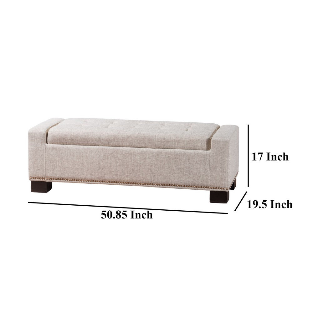 Abigail Storage Ottoman Bench | Nailhead Trim | Wheat Fabric | 51 Inch