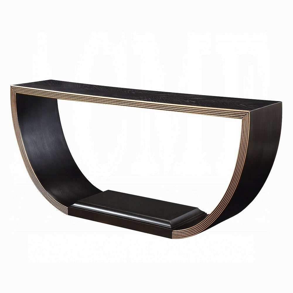 Riza Console Table, Half Moon Wood Frame Black, Gold Finish, 70 Inch