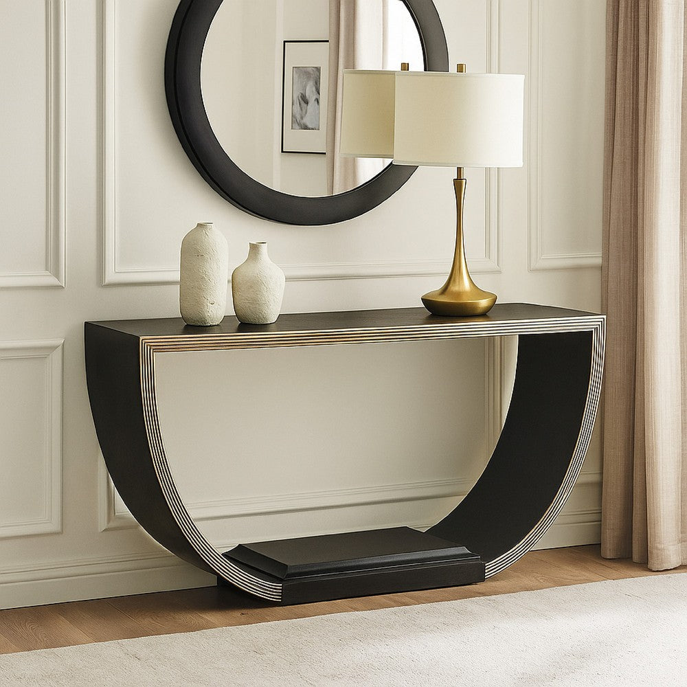 Riza Console Table, Half Moon Wood Frame Black, Gold Finish, 70 Inch