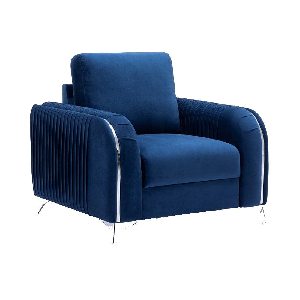 Wiena Accent Sofa Armchair, Vertical Pleated Blue Velvet, Chrome Legs