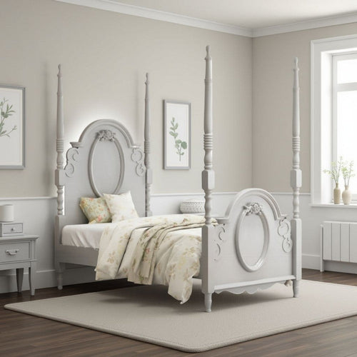 Auri Full Size Poster Bed, Arch Headboard, Classic Floral Motifs, Gray