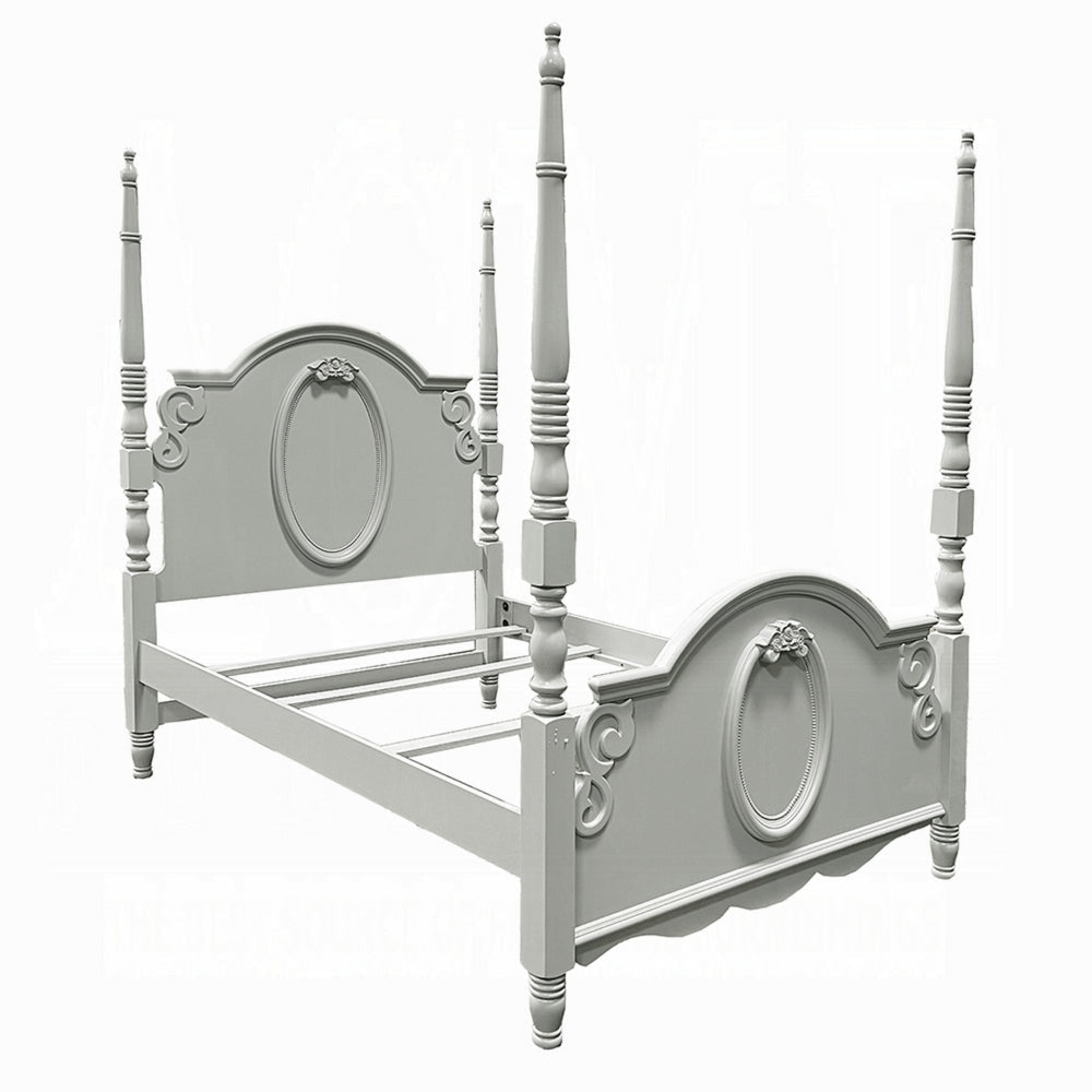 Auri Full Size Poster Bed, Arch Headboard, Classic Floral Motifs, Gray