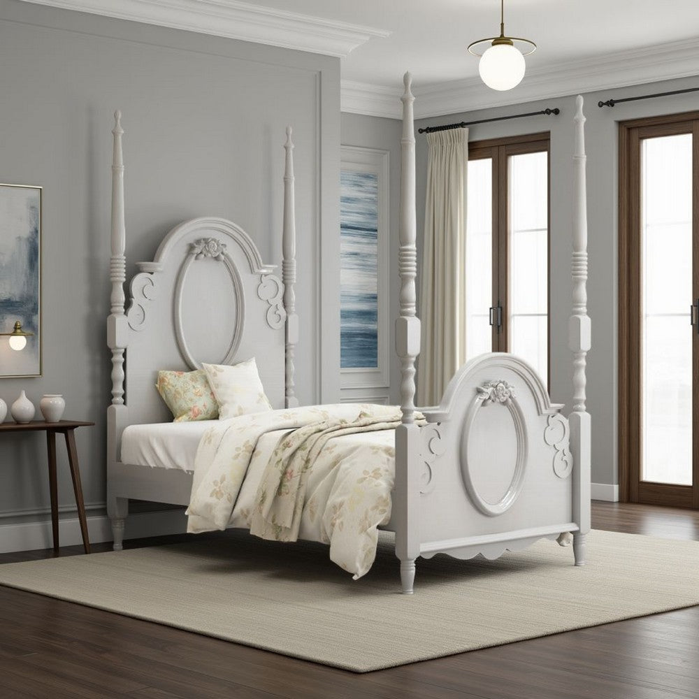 Auri Twin Size Poster Bed, Arch Headboard, Classic Floral Motifs, Gray