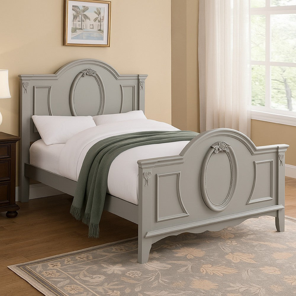 Auri Full Size Bed, Arch Headboard, Rope Molding w Floral Motifs, Gray