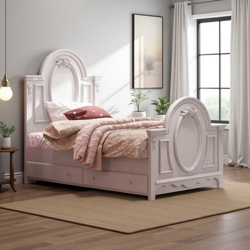 Auri Twin Size Bed, Arch Headboard, Rope Molding w Floral Motifs, Gray