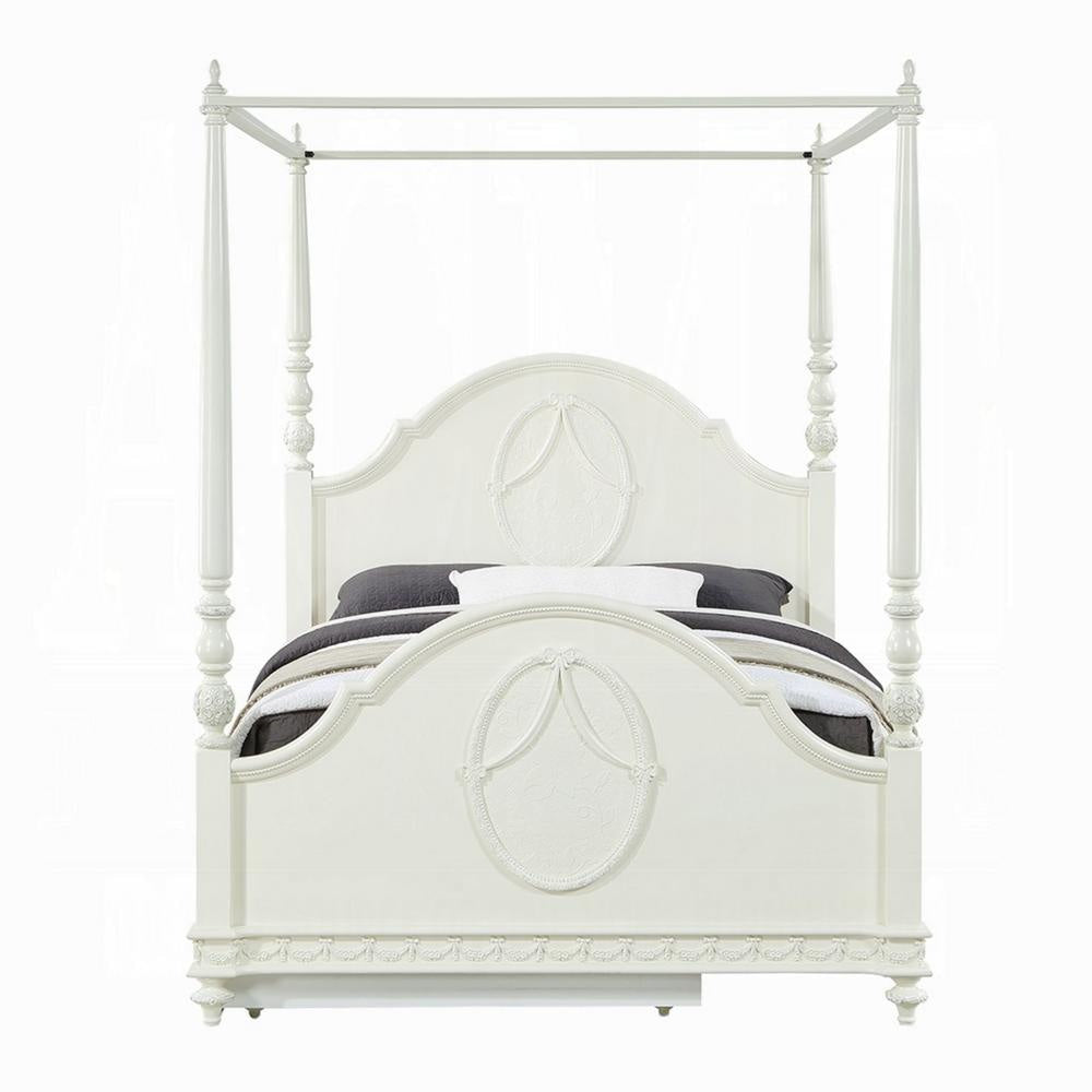Dorie Full Size Poster Bed Embossed Floral and Oval Molding Ivory
