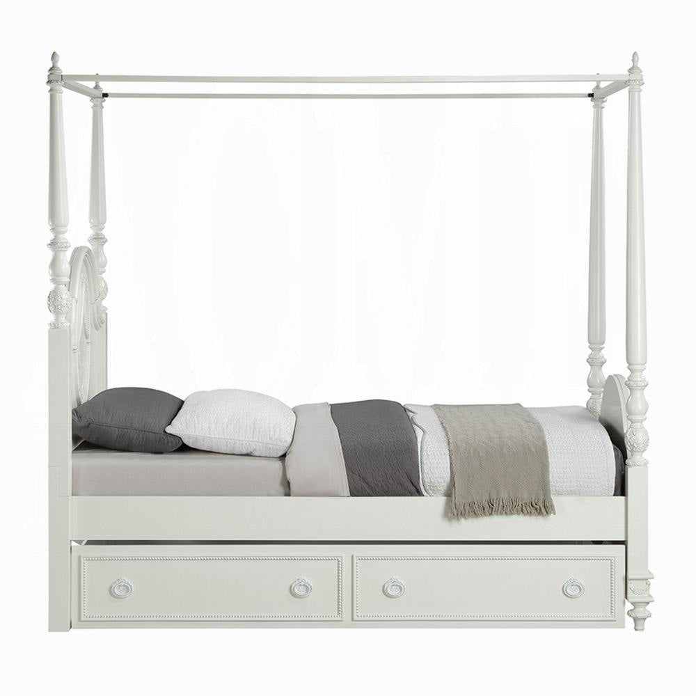 Dorie Twin Size Poster Bed Embossed Floral and Oval Molding Ivory