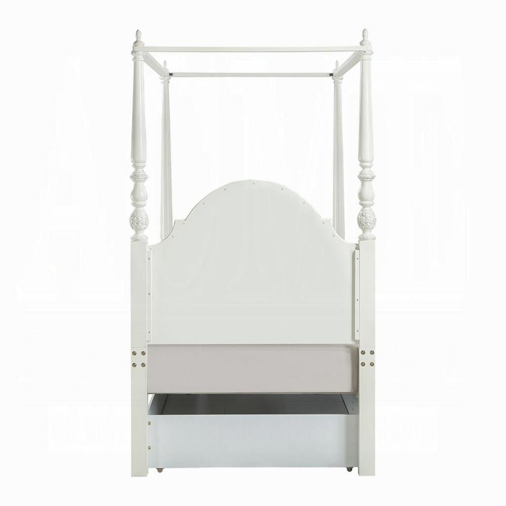 Dorie Twin Size Poster Bed Embossed Floral and Oval Molding Ivory