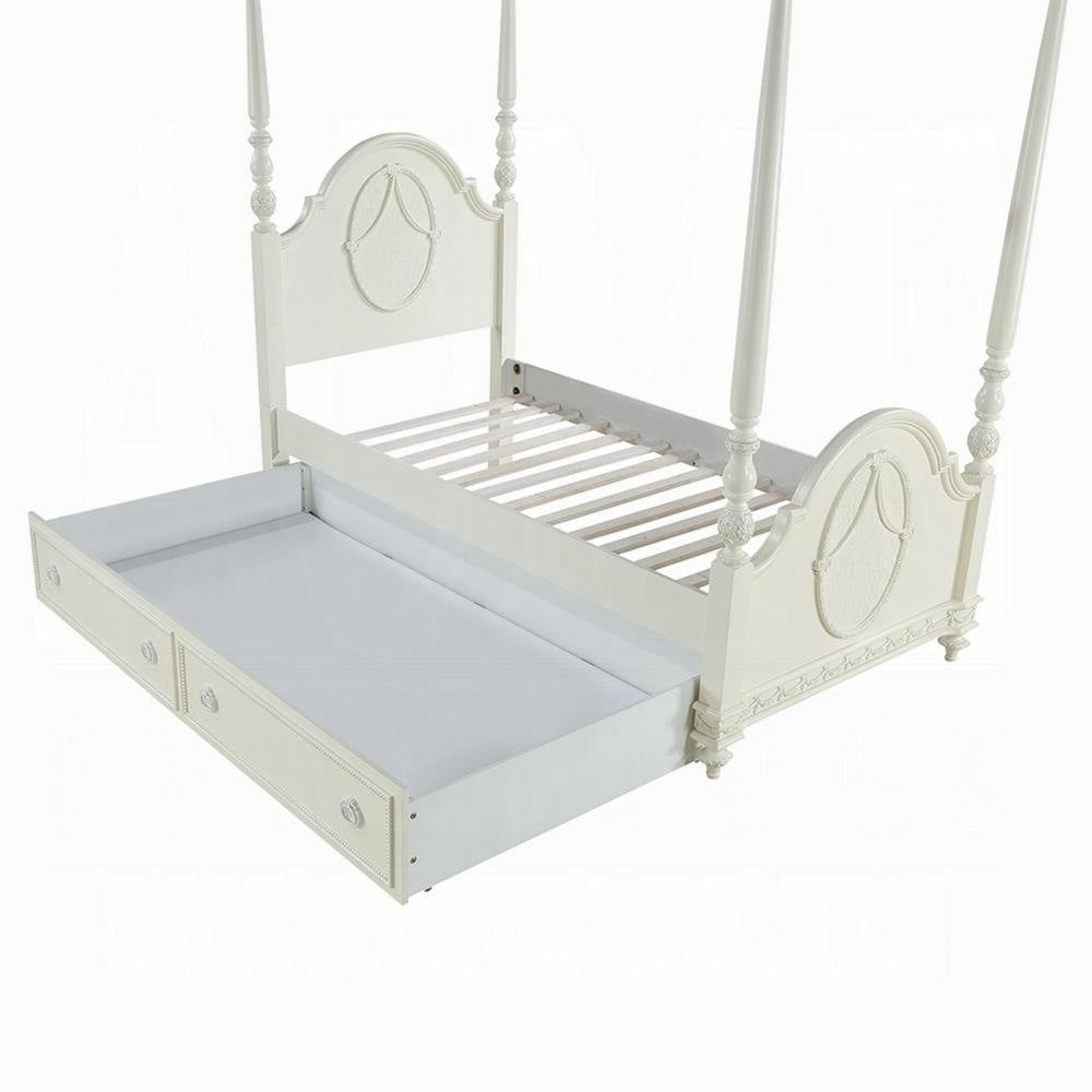 Dorie Twin Size Poster Bed Embossed Floral and Oval Molding Ivory