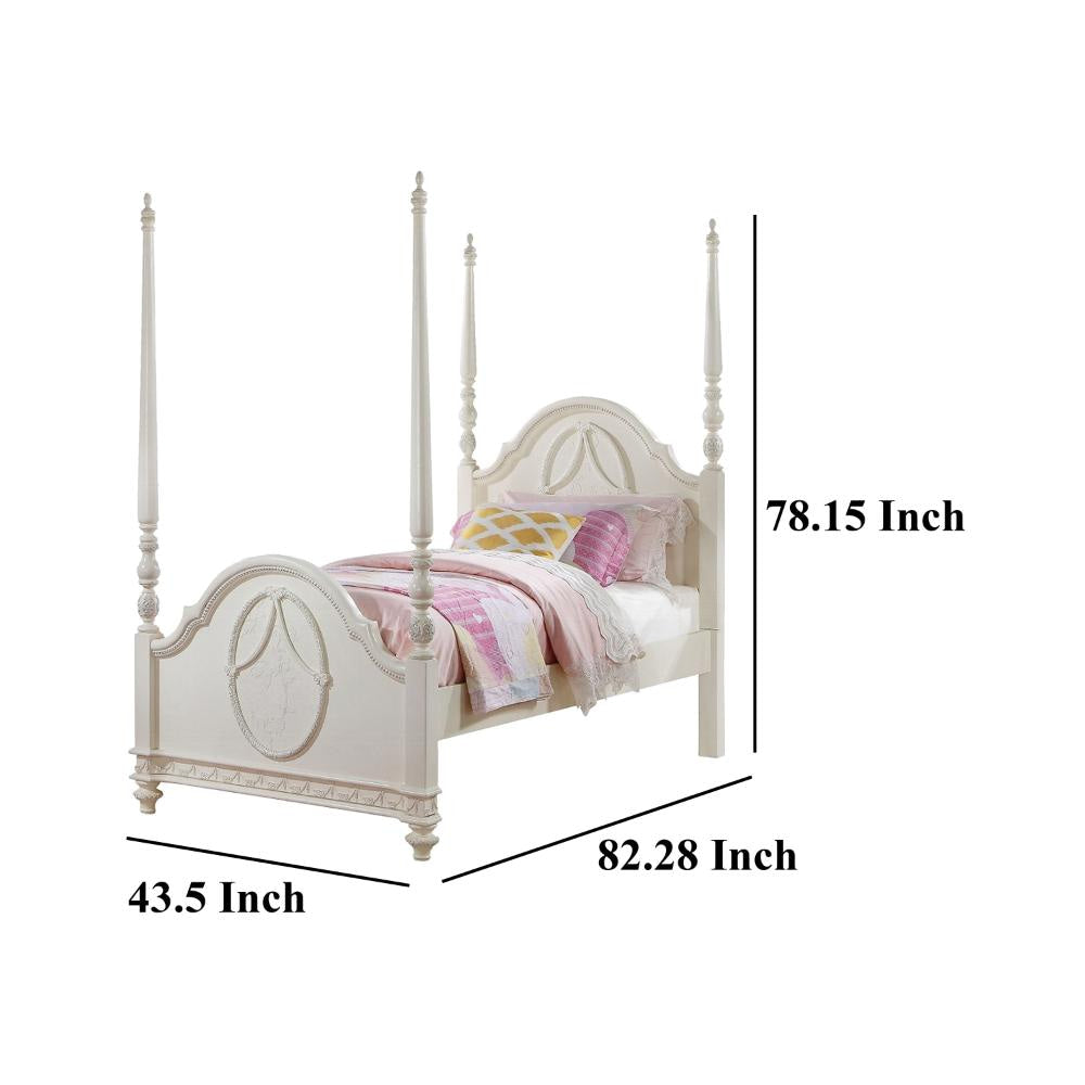 Dorie Twin Size Poster Bed Embossed Floral and Oval Molding Ivory