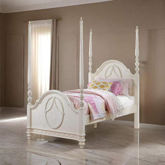 Dorie Twin Size Poster Bed, Embossed Floral and Oval Molding, Ivory
