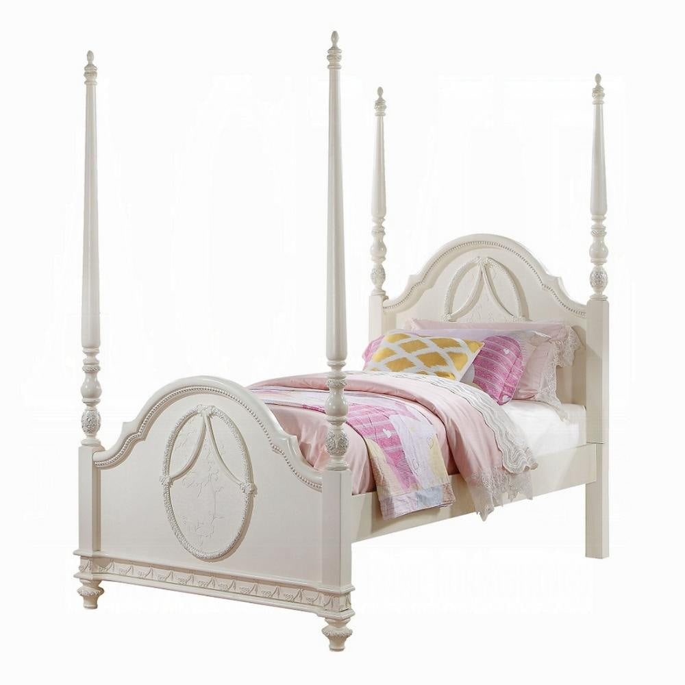 Dorie Twin Size Poster Bed Embossed Floral and Oval Molding Ivory