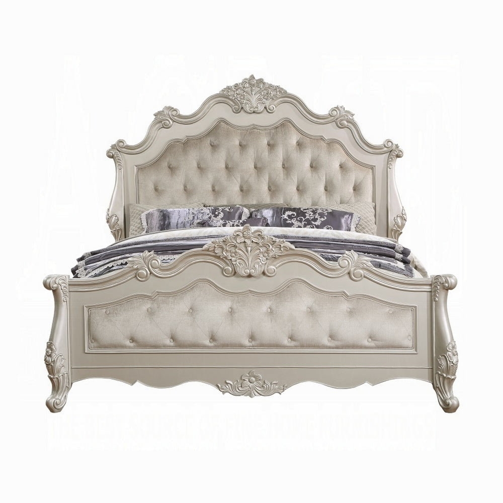 Bowe King Size Bed Button Tufted Gray Upholstery Scrolled Headboard