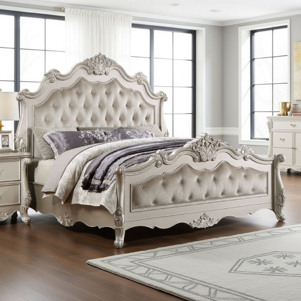 Bowe King Size Bed, Button Tufted Gray Upholstery, Scrolled Headboard