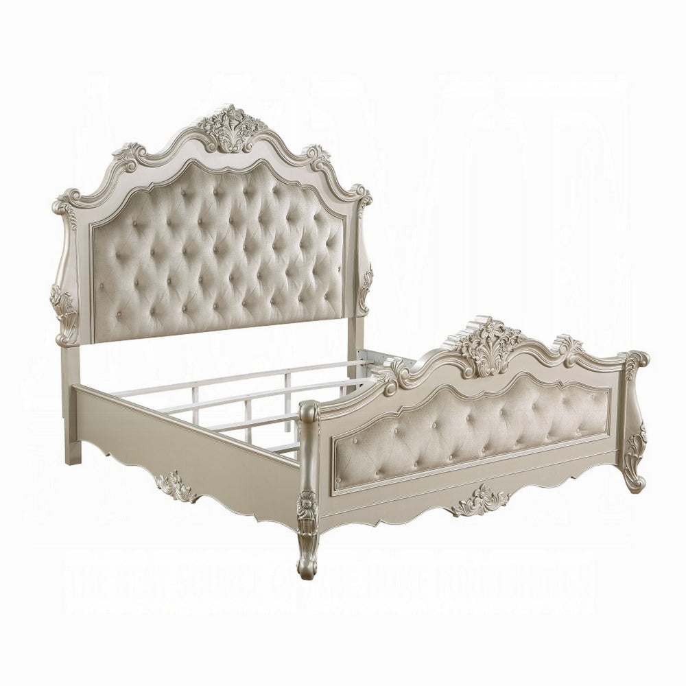 Bowe King Size Bed, Button Tufted Gray Upholstery, Scrolled Headboard