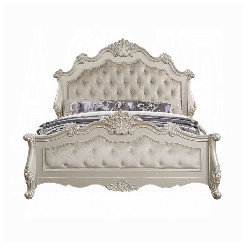 Bowe Queen Size Bed Button Tufted Gray Upholstery Scrolled Headboard