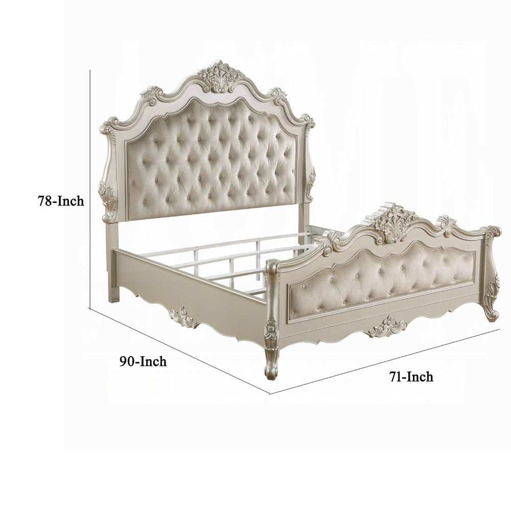 Bowe Queen Size Bed Button Tufted Gray Upholstery Scrolled Headboard