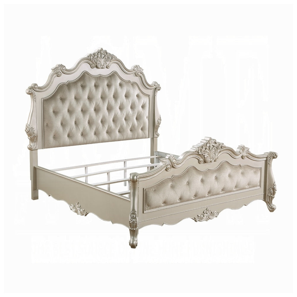 Bowe Queen Size Bed, Button Tufted Gray Upholstery, Scrolled Headboard