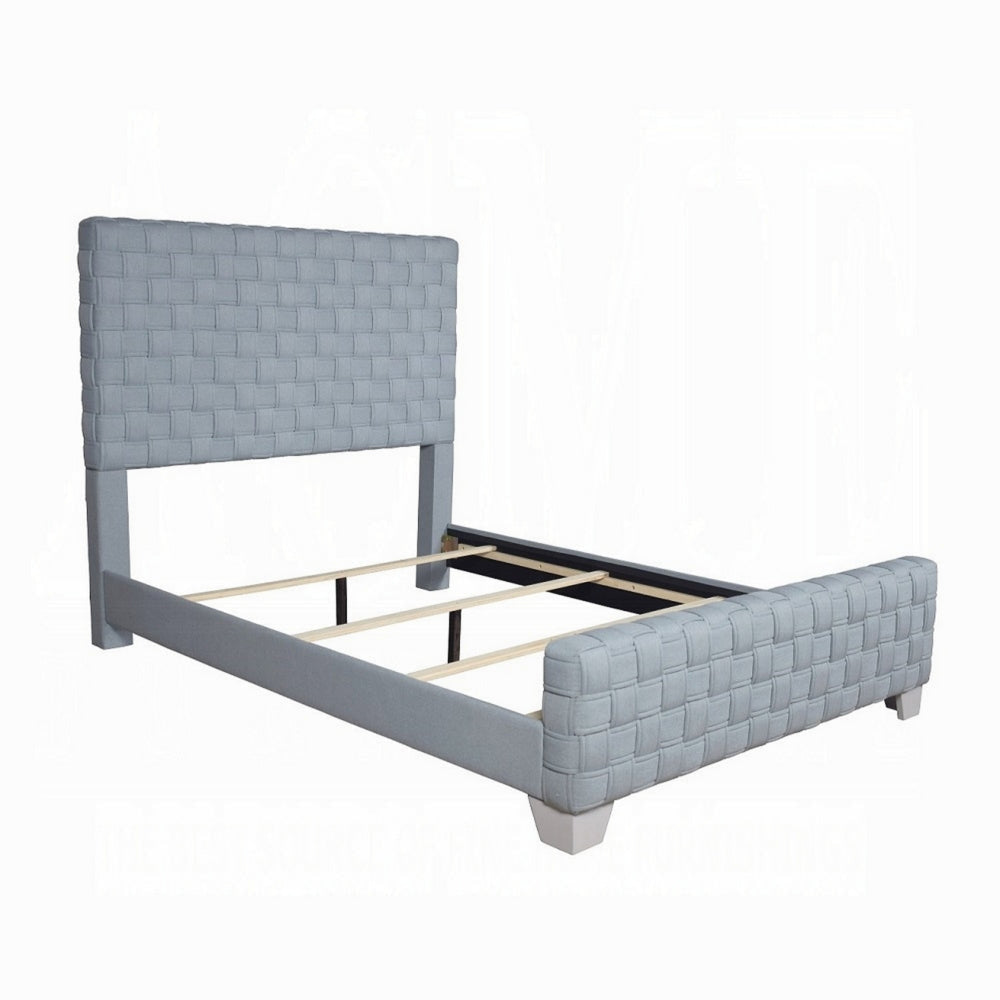 Reah King Size Bed, Light Teal Blue Chenille, Gray Panel Headboard