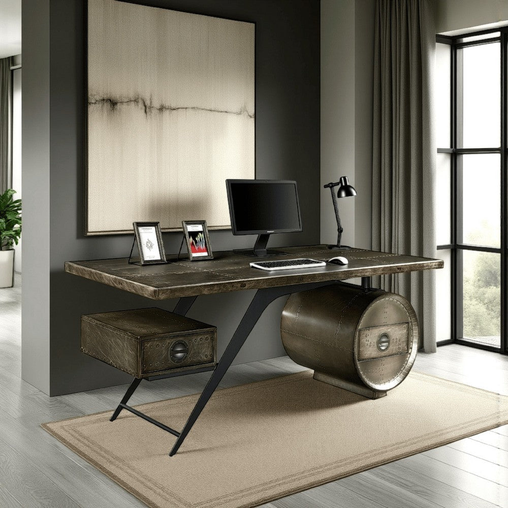 Bran Executive Office Desk with Power Dock, Drawer, Bronze Aluminum