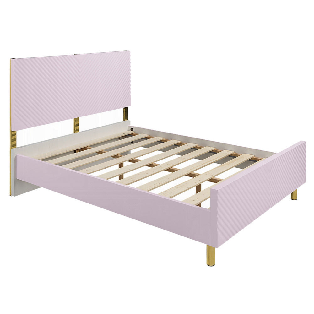 Tyra Full Size Bed, Sleek Panel Headboard, Gloss Pink Chevron Pattern