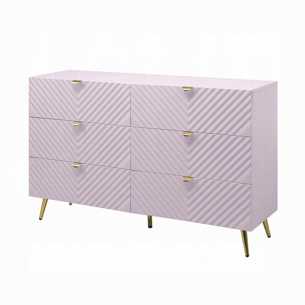Tyra Wide Dresser, 6 Drawers, Gold Legs, Gloss Pink Chevron Pattern
