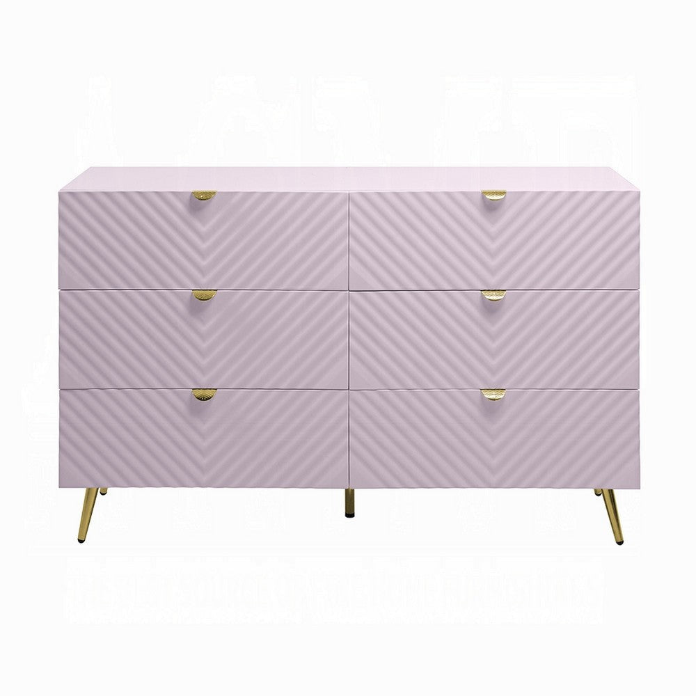Tyra Wide Dresser 6 Drawers Gold Legs Gloss Pink Chevron Pattern BM327226