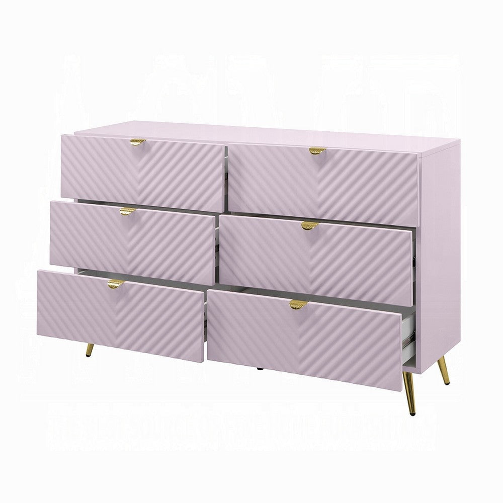 Tyra Wide Dresser 6 Drawers Gold Legs Gloss Pink Chevron Pattern BM327226