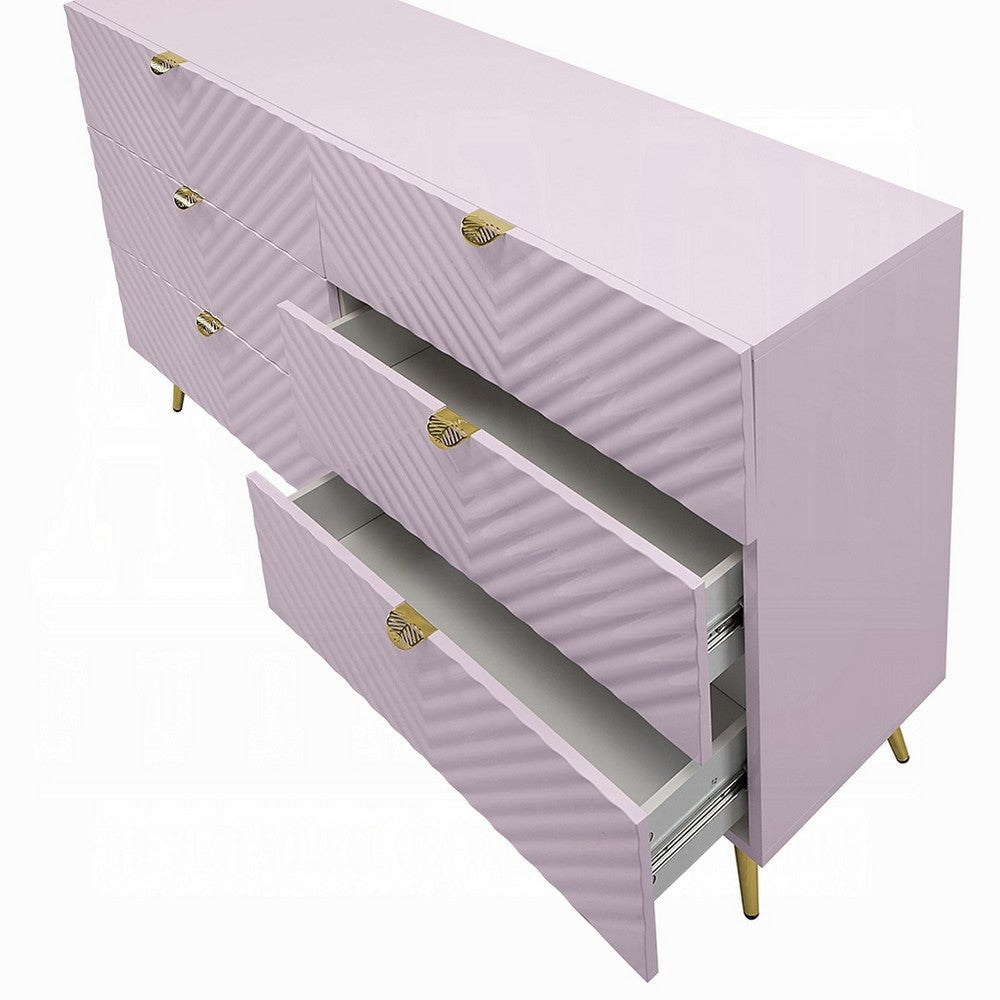 Tyra Wide Dresser 6 Drawers Gold Legs Gloss Pink Chevron Pattern BM327226