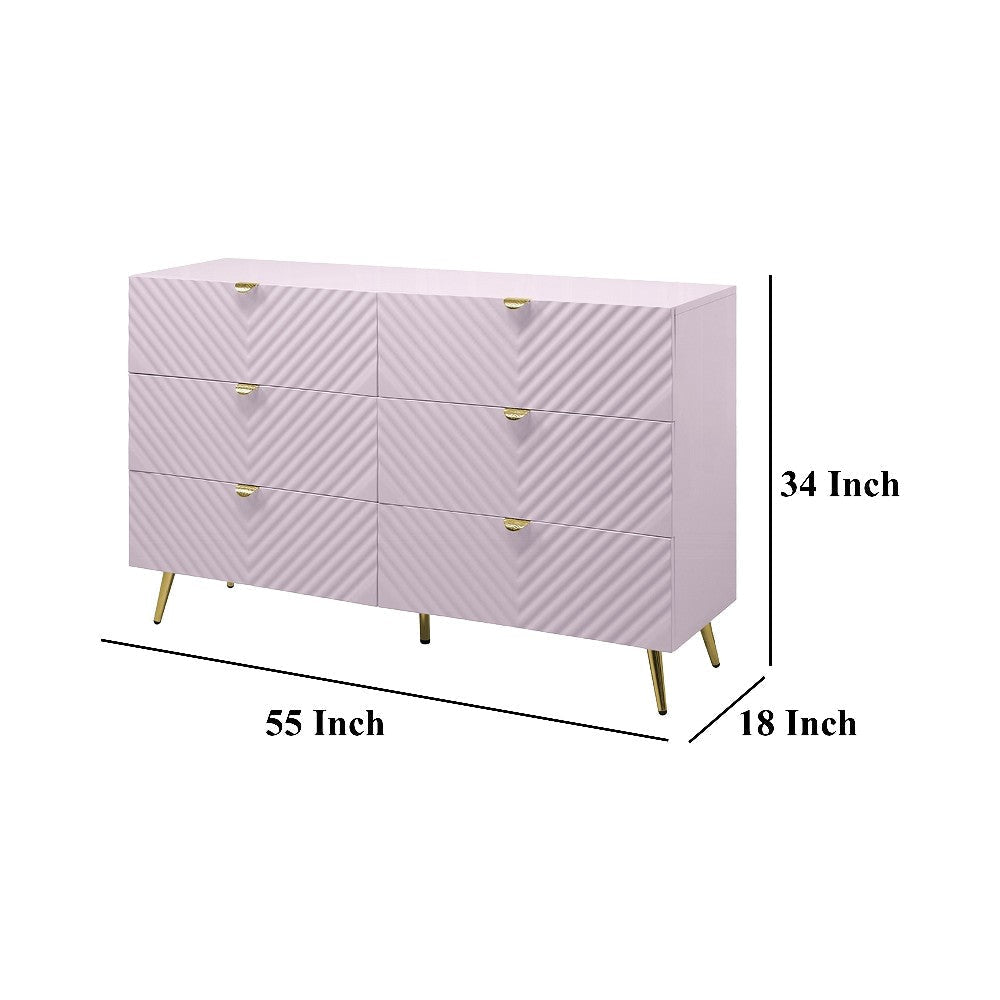 Tyra Wide Dresser 6 Drawers Gold Legs Gloss Pink Chevron Pattern BM327226