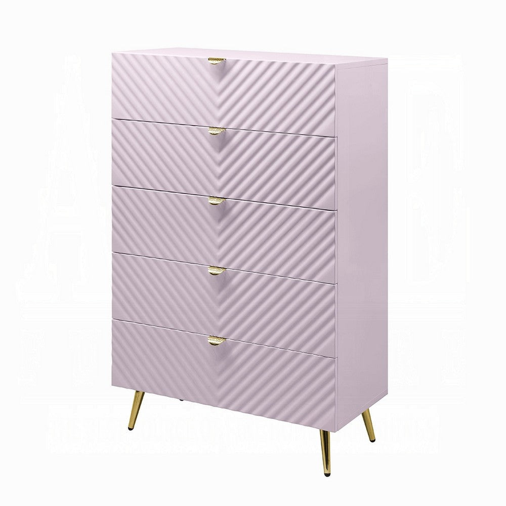 Tyra Tall Dresser Chest, 5 Drawers, Gold, Gloss Pink Chevron Pattern
