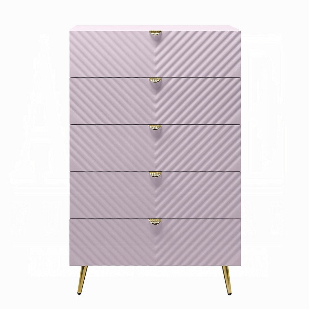 Tyra Tall Dresser Chest 5 Drawers Gold Gloss Pink Chevron Pattern BM327227