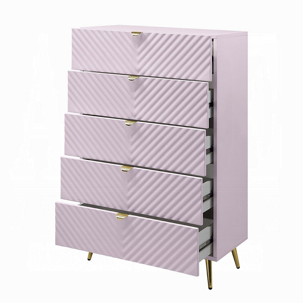 Tyra Tall Dresser Chest 5 Drawers Gold Gloss Pink Chevron Pattern BM327227